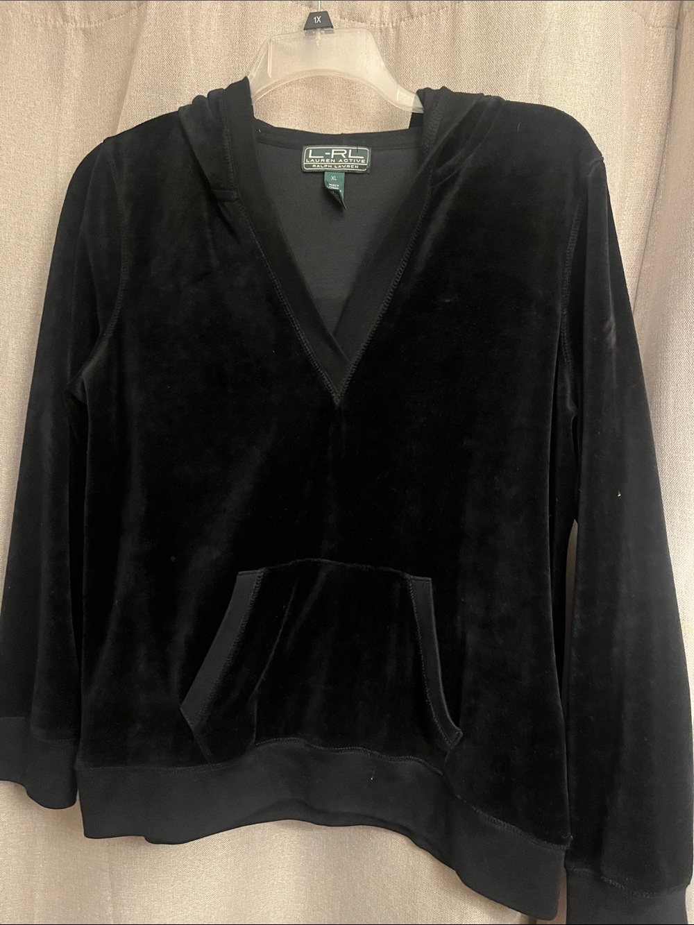 Ralph Lauren Black Velour V-Neck Hoodie SweaterSize XL